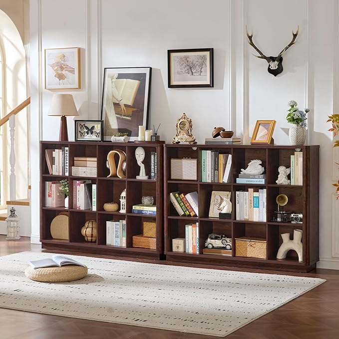 Joaxswe 12 Cube Storage Organizer, 41" Large Bookshelf with Curved Edge, Wood Floor Standing 3-Tier Cubby Bookcase w/Base, Vintage Display Storage Cabinet, Book Case for Living Room, Office, Walnut