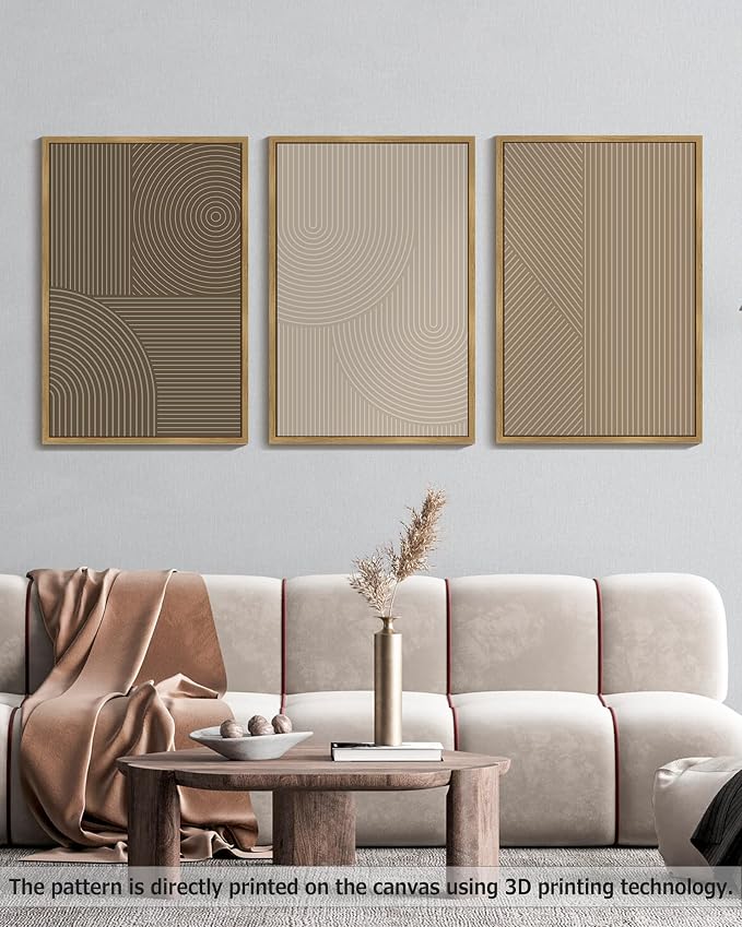 PHOPAGO 24x36in Large Minimalist Abstract Framed Wall Art Modern Boho Neutral Line Wall Decor Geometric Artwork Bedroom Living Room Natural Framed