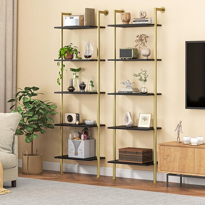 Acovy 5-Tier Bookshelf - Solid Wood Narrow Bookcase Set of 2, Wall Mount Ladder Shelf, Storage Rack for Living Room, Bedroom, Bathroom, Black and Gold
