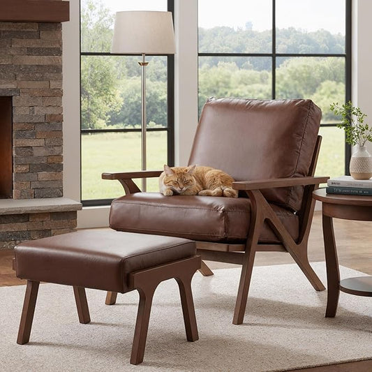 Mid Century Modern Accent Chair with Ottoman, Farmhouse PU Upholstered Living Room Armchair and Ottoman Set, 23" Seat Wide Retro Leisure Lounge Chair with Wood Frame for Home, Bedroom, Office, Brown