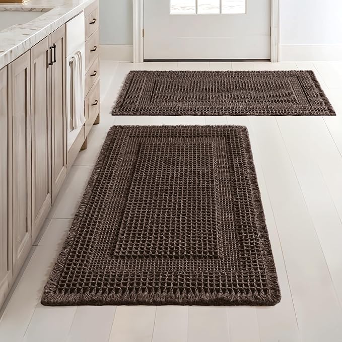 MIULEE Set of 2 Waffle Bathroom Rugs, Boho Bath Rug Super Absorbent, Non Slip Washable Ultra Soft Rubber Backed Shower Bath Mats for Floor, Tub, Shower, Looped Design, Chocolate, 24x36 Inch
