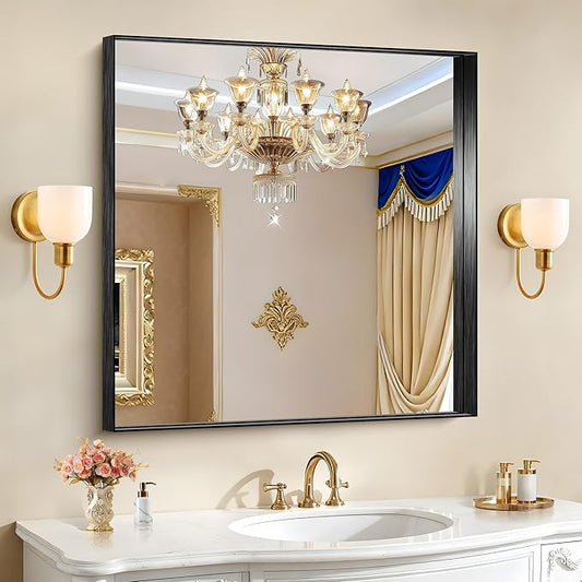 CIRCUMI Black Bathroom Mirror, 36"x36" Rectangular Mirror with Deep Metal Frame, Brushed Finish, Tempered Glass, Mirror for Wall, Oversink, Bedroom, Installed Vertically/Horizontally, Crystal-Clear