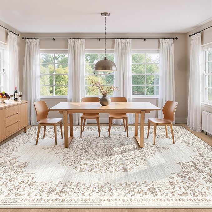 Area Rug 9x12 Vintage Rug: Large Washable Indoor Medallion Rugs Low Pile Distressed Floor Carpet Retro Accent Rug for Living Room Bedroom Kitchen Dining Table Home Office(Vintage Beige, 9'x12')