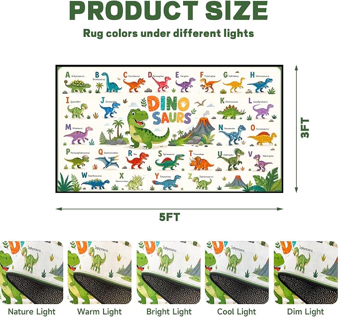 3'x5' Dinosaur Area Rug ABC Alphabet Educational Rugs for Entryway Bedroom Living Room Nursery Kitchen Playroom Home Decor Washable Cute Cartoon Dinosaur Floor Mat Carpet