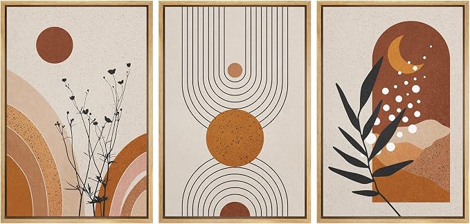 wall26 Framed Canvas Print Wall Art Set Boho Mid-Century Geometric Forest Plant Planets Nature Abstract Illustrations Modern Bohemian Decorative for Living Room, Bedroom, Office - 16"x24"x3 Natural