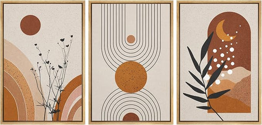 wall26 Framed Canvas Print Wall Art Set Boho Mid-Century Geometric Forest Plant Planets Nature Abstract Illustrations Modern Bohemian Decorative for Living Room, Bedroom, Office - 16"x24"x3 Natural