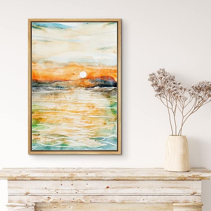 MUDECOR Framed Canvas Print Wall Art Watercolor Explosion Sunset Ocean Abstract Shapes Illustrations Modern Decorative Multicolor Relax/Calm for Living Room, Bedroom, Office - 16"x24" Natural