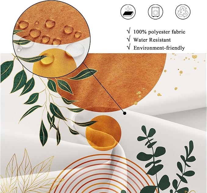 Riyidecor Orange Boho Mid Century Modern Shower Curtain for Bathroom Decor 72Wx72H Abstract Gold Leaves Minimalist Geometric Arch Sun Art Printed Fabric Polyester Waterproof 12 Pack Plastic Hooks