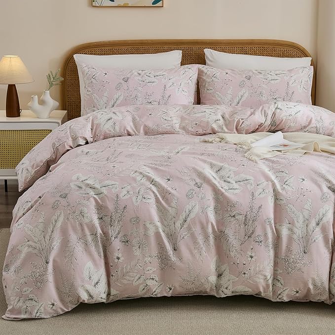 Cozeline Duvet Cover Set Queen Size 100% Nature Cotton Pink Floral Leaf Pattern Duvet Cover Set 3 Pieces Soft & Breathable Bedding Set with Zipper Closure & Corner Ties
