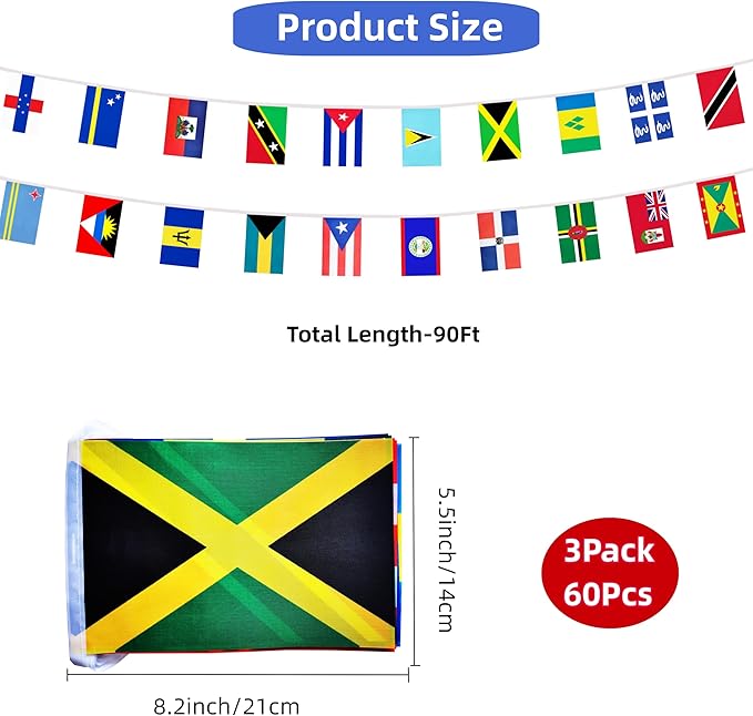 3 Pack 20 Caribbean Countries Small String Flags, 90 Feet 60 Pcs Caribbean Nations Pennant Banner Bunting Flags, International Festival, Commemoration,Caribbean Carnival Decorations (3 Pack)