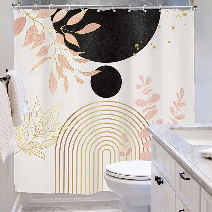 Riyidecor Black and Pink Mid Century Boho Shower Curtain for Bathroom Decor 72Wx72H Bohemian Modern Arch Leaves Plants Gold Eucalyptus Art Printed Fabric Polyester Waterproof 12 Pack Plastic Hooks