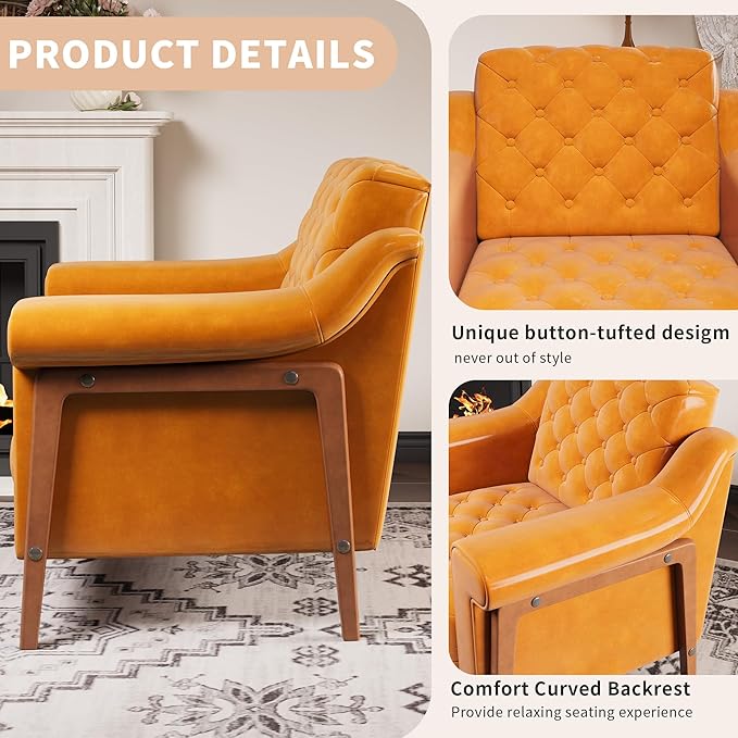 EJUNQ Faux Leather Accent Chair, Mid-Century Modern Armchair, Retro Upholstered Armchair Accent Chair Club Chair for Living Room, Bedroom, Waiting Room, Office, Orange