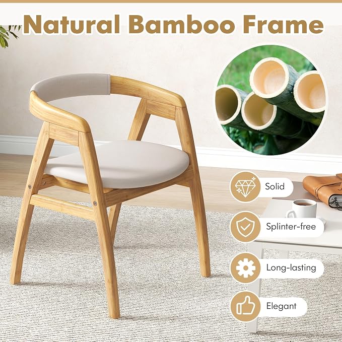 GOFLAME Bamboo Accent Chair Set of 2, Mid-Century Modern Armchair with Curved Backrest & Seat Cushion, Upholstered Reading Chair, Leisure Chair for Living Room, Bedroom, Study, Natural