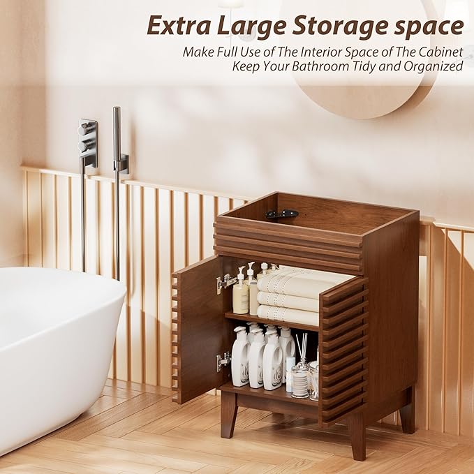 APRILSOUL 24" Bathroom Vanity, Mid-Century Bathroom Vanity Cabinet with 2 Soft Closing Doors, Freestanding Bathroom Cabinet, Particleboard Frame with Wood Grain Laminate, Walnut (Sink Not Included)