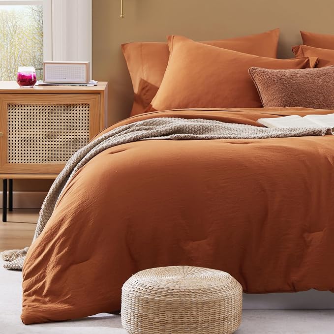 WRENSONGE Super King Plus Comforter Sets- 7 Pieces Soft Burnt Orange Bed in a Bag with Fitted Sheet, Flat Sheet, 2 Shams, and 2 Pillowcases-Warm Bed Sets Fall Comforter for All Seasons