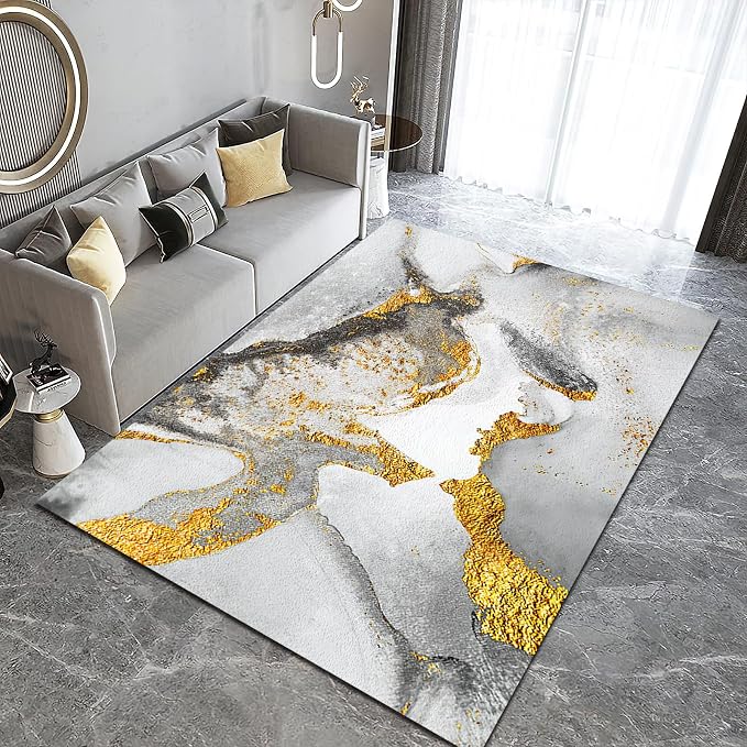 Light Luxury Gray Gold Marble Area Rug, Modern Marble Non Slip Accent Rug, Machine Washable Durable Carpet for Indoor Bedroom Living Room Office Decor Rug - 3 ft x 4 ft