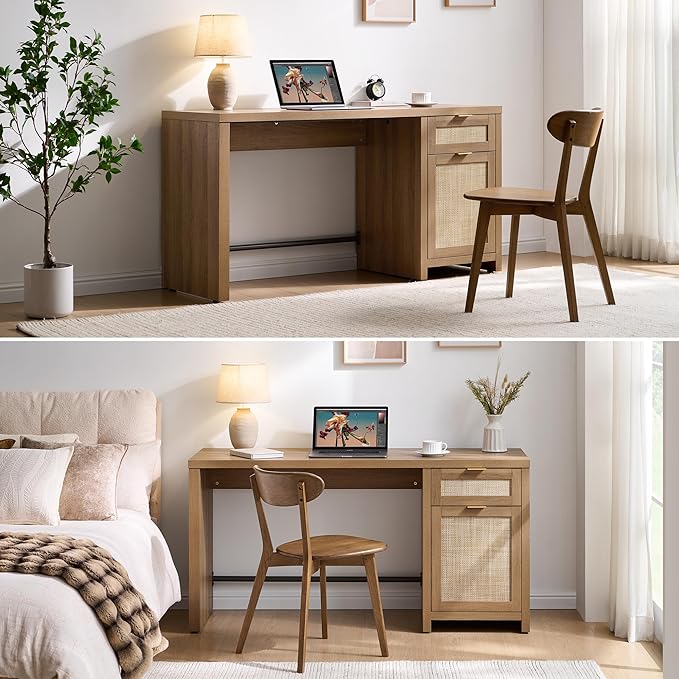 SICOTAS Rattan Executive Desk with Storage, 59" Boho Home Office Desk with Cabinets and Drawers, Large Computer Table Vanity Desk for Office, Study, Living Room, Oak