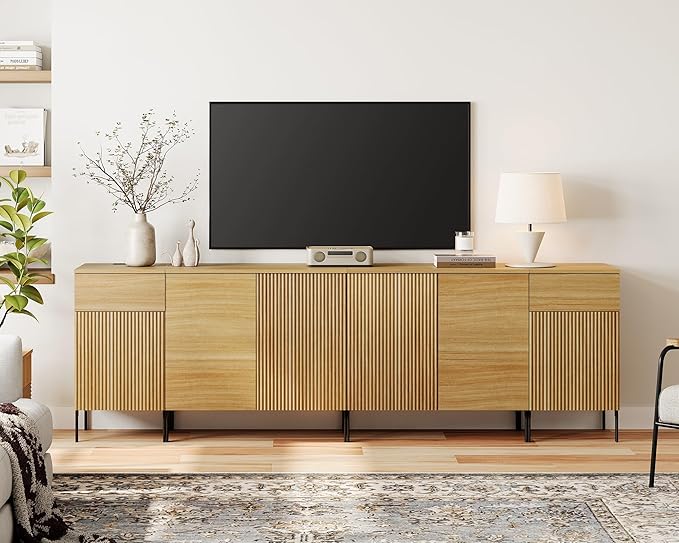 WAMPAT 94.5" Buffet Sideboard Cabinet with 2 Drawers & 6 Doors,4-in-1 Fluted Storage Credenza with Charging Station,Modern Buffet Table Coffee Bar Wine Bar Cabinet for Dining Room, Living Room,Oak