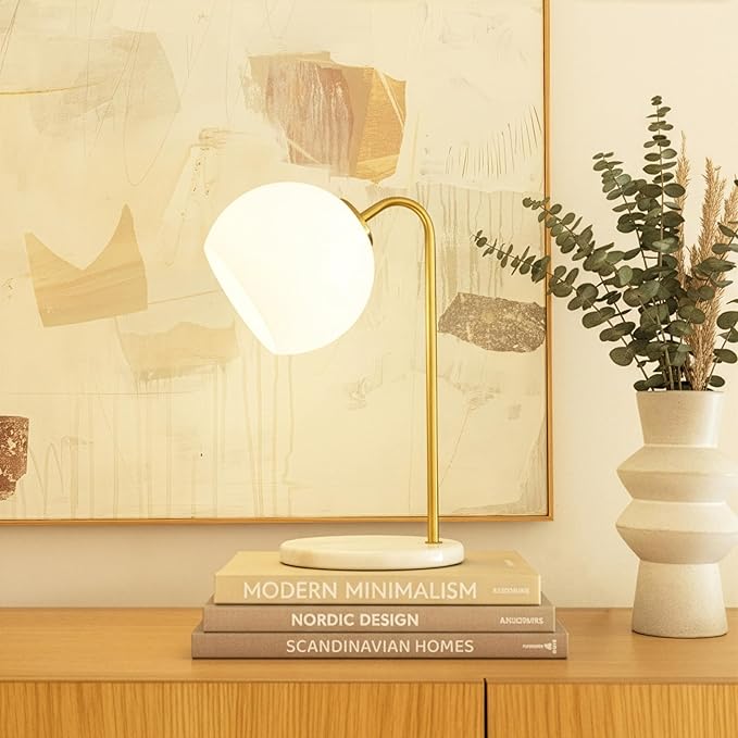 Brightech Krystal LED Table Lamp, Frosted Glass Globe Arcing Living Room Lamp, Mid-Century Modern Standing Lamp for Living Rooms, Boho Rustic Indoor Table Lamp for Bedrooms & Offices - Brass