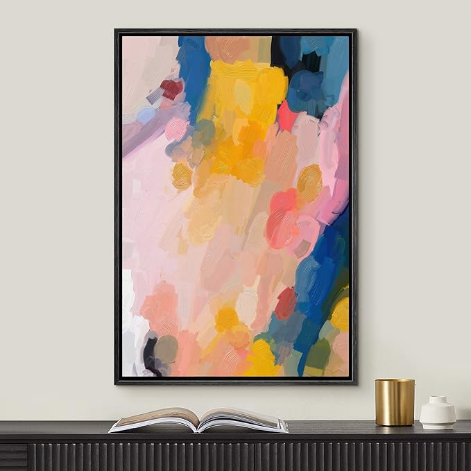 MUDECOR Framed Canvas Print Wall Art Pastel Blue, Orange & Pink Paint Strokes Abstract Shapes Watercolor Modern Art Contemporary Multicolor Ultra for Living Room, Bedroom, Office - 24"x36" Black