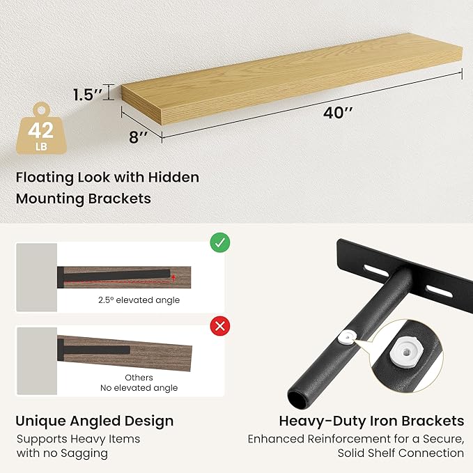 Fun Memories Rustic Wood Floating Shelves for Wall, Space-Saving Wall Mounted Shelves for Bathroom, Bedroom, Living Room and Kitchen, Stylish Storage & Display (Set of 2, Oak, 40 in)