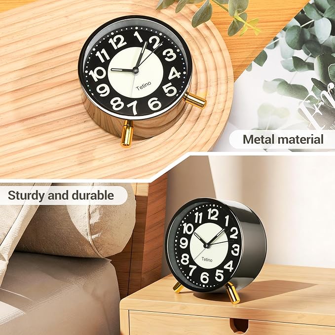 Tetino Analog Alarm Clock,Super Silent Non Ticking Small Clock with Night Light, Battery Operated, Simple Design, for Bedroom, Bedside, Desk, Adult, Kid, Gift，Ideal Decor (Light Luxury Gray)