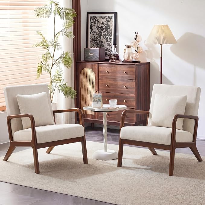 Mid Century Accent Chair with Solid Wood Frame, Upholstered Lumbar Pillow Lounge Chair Beige Linen Fabric Cozy Leisure Chair Relaxing Walnut Living Room Chair for Bedroom Waiting Room