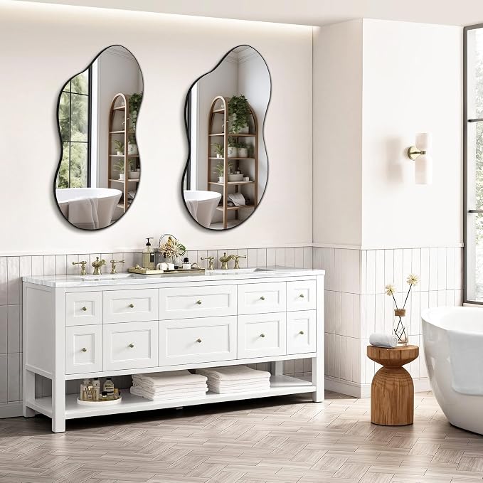 32"x20" Frameless Asymmetrical Irregular Bathroom Mirror, Wavy Vanity Wall Mirror for Modern Bathroom, Bedroom, Entryway, Living Room Decor