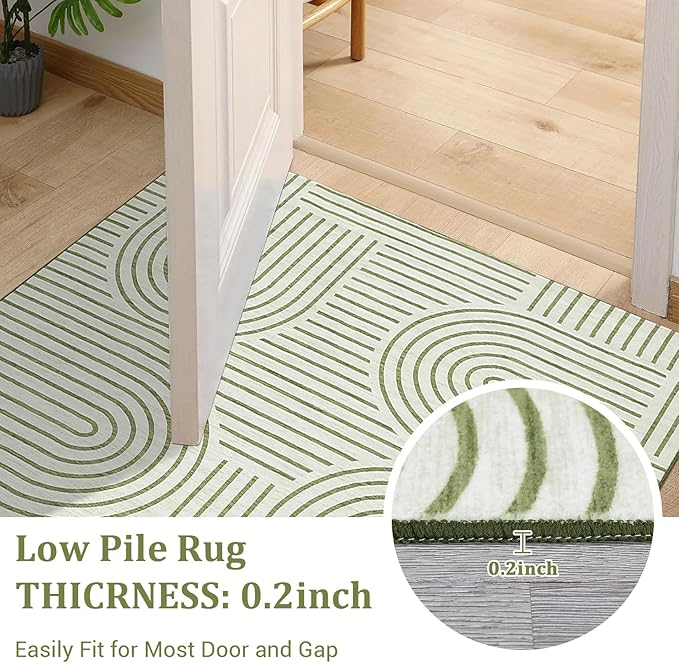 Washable Rug 6ft Area Rugs for Living Room, Abstract Rug for Bedroom, Soft Rainbow Non Slip Throw Rugs with Rubber Back, Low Pile Stain Resistant Boho Geometric Carpet for Dining Room,Green