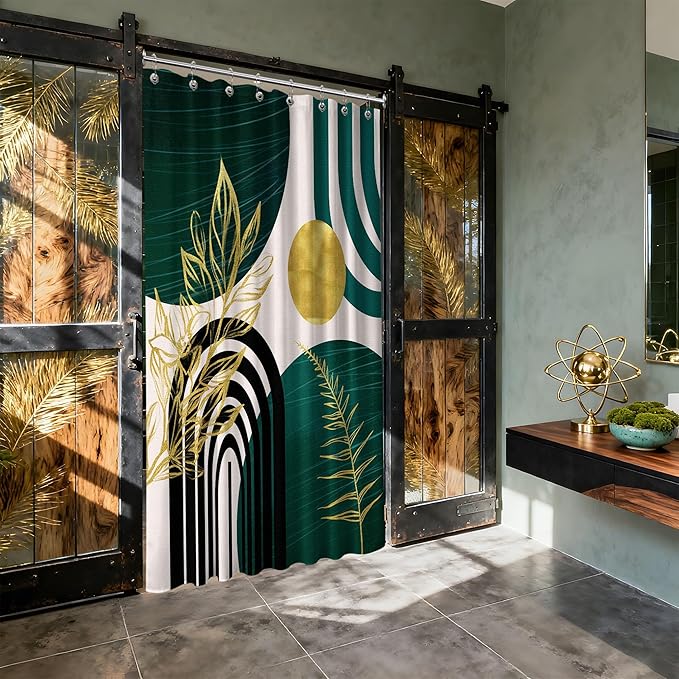 Dark Green Shower Curtain Boho Mid Century Modern Emerald Hunter Green and Gold Shower Curtains for Bathroom Decor, Waterproof Cloth Fabric with Hooks, 48" W x 72" L