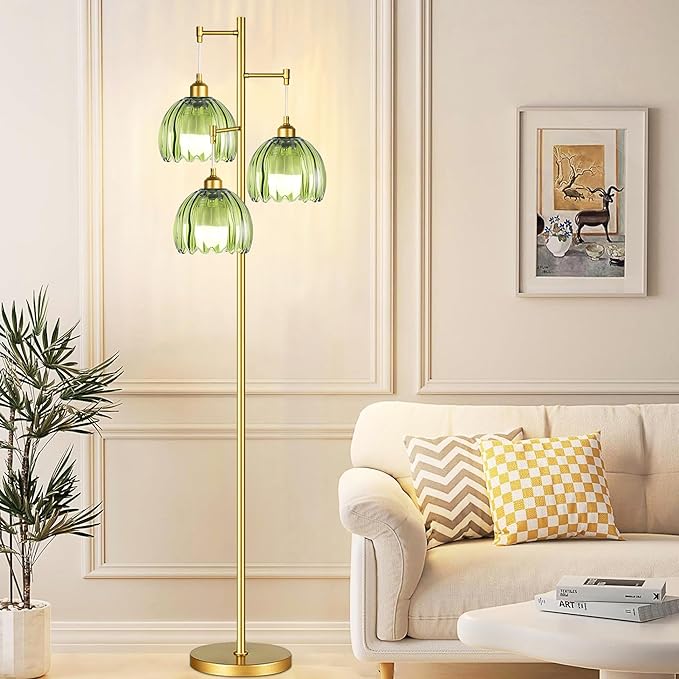 ZECOXOL Gold Floor Lamps for Living Room Bedroom-3 Light Glass Floor Lamp with Three Led Bulb, Rustic Tall Floor Lamp Gold Standing Lamp Tree Floor Lamps for Living Room Bedroom,Office,Corner