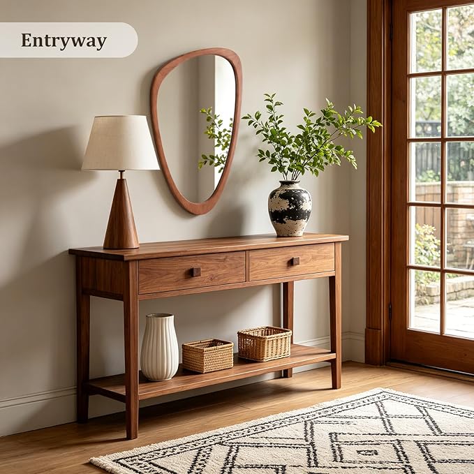HOMECOOKIN 30.5" H x 19.5" W Asymmetrical Mirror, Irregular Wooden Wall Mirror for Bedroom, Living Room,Entryway– Mid-Century Modern Decorative Mirror, Solid Wood Frame, Pebble Shaped Design (Walnut)
