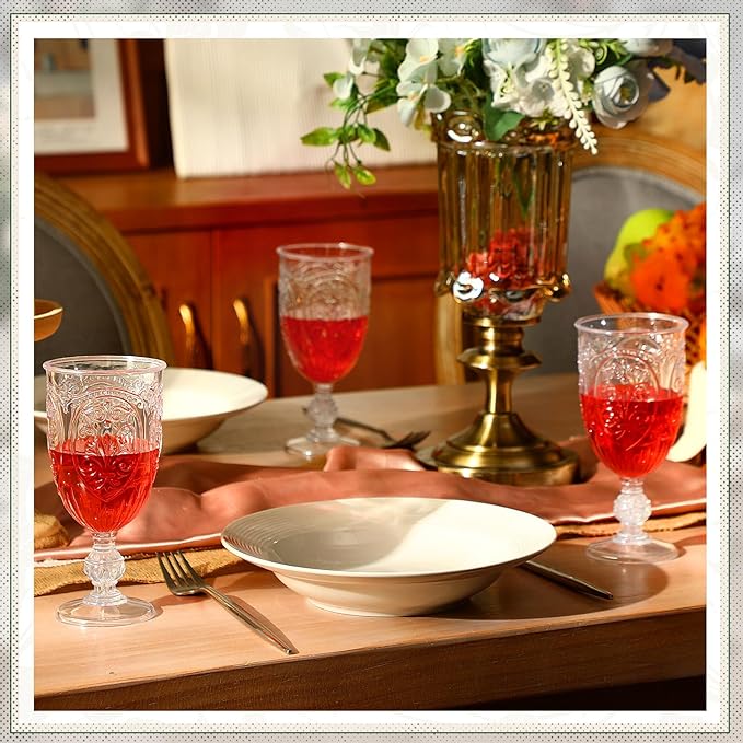 36 Pack Plastic Goblets 10oz Upgrade Vintage Water Goblet Plastic Wine Glasses Colored Retro Embossed Glassware for Party Wine Bar Juice Baby Shower Wedding Reception Grand (Clear)