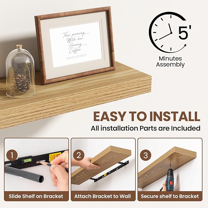 36 Inch Floating Shelves for Wall 2 Pack, 36" Wall Shelves for Books, Storage, Decor, Wall Mounted Floating Shelf with Invisible Brackets for Kitchen, Living Room, Light Brown