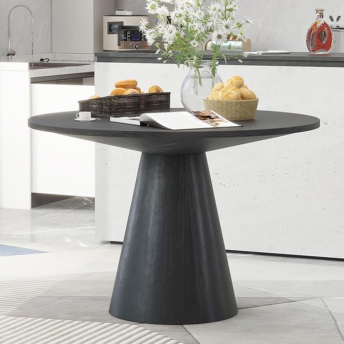 Modern 46.5" Round Dining Table for 4-6, Wooden Kitchen Table with MDF Top & Pedestal Base, Mid Century Modern Dining Table for Dining Room, Kitchen, Living Room, Black