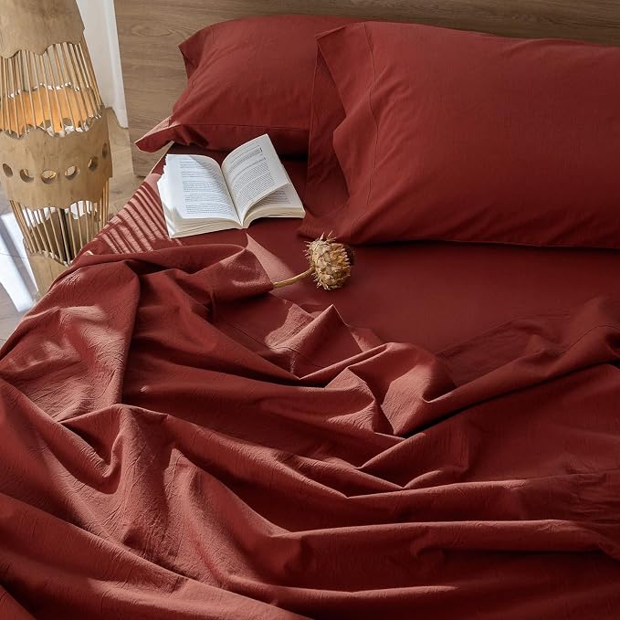 MooMee Bedding Sheet Set 100% Washed Cotton Linen Like Textured Breathable Durable Soft Comfy (Solid Fired Brick Red, King)