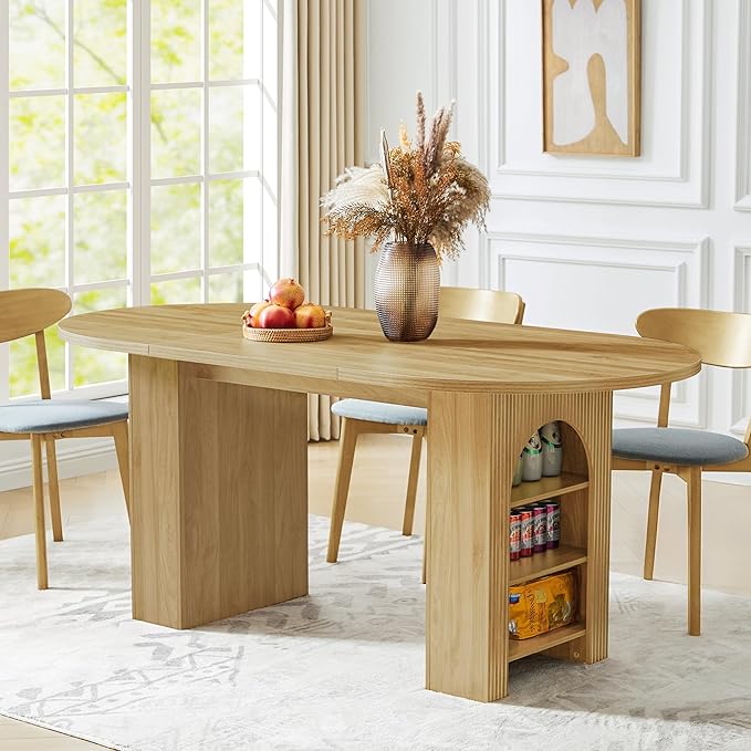 70.8" Oval Dining Table with Dual Side Storage Shelves, Wooden Table for 4–6 People, Modern Farmhouse Round Dinner Tables for Kitchen Living Room (Natural, Table Only)