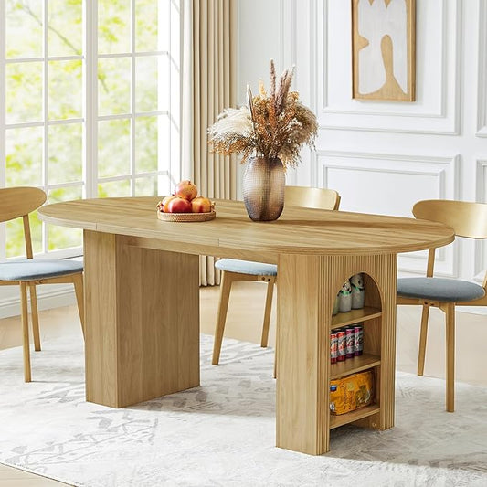70.8" Oval Dining Table with Dual Side Storage Shelves, Wooden Table for 4–6 People, Modern Farmhouse Round Dinner Tables for Kitchen Living Room (Natural, Table Only)