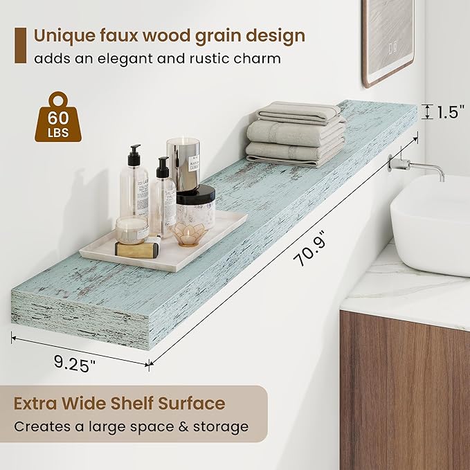 72in Floating Shelves for Wall, 72"W x 9.25"D x 1.5"H, Long Wall Mounted Engineered Wood Shelves with Invisible Brackets for Living Room, Bedroom, Bathroom, Kitchen Decor and Storage, Blue