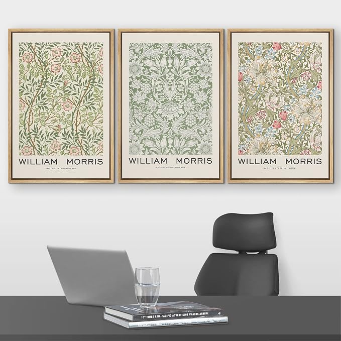 wall26 Framed Canvas Print Wall Art Set William Morris Flower Pattern Tapestries Nature Floral Illustrations Fine Art Decorative Botanical Rustic for Living Room, Bedroom, Office - 24"x36"x3 Natural