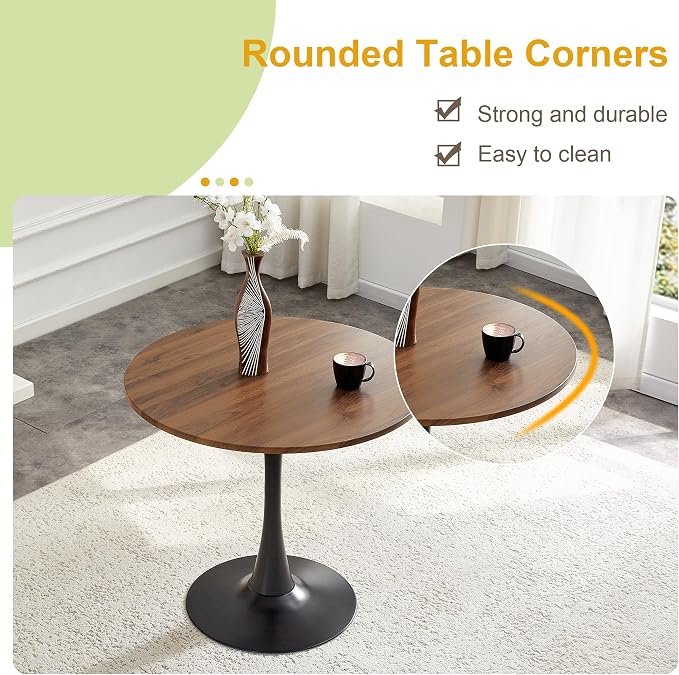 31.5 Inch Round Dining Table for 2-4 People with Walnut Tabletop,Mid-Century Walnut Tulip Kitchen Table, Pedestal Base Table for Small Space Kitchen Dining Room