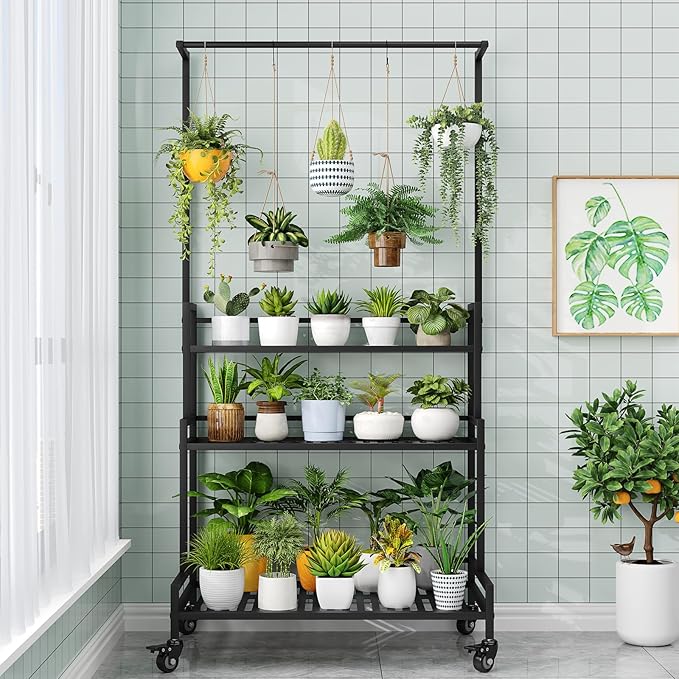 YIZAJIA Plant Stand Indoor 3 Tier Metal Outdoor Tiered Stands Shelf With wheel for Multiple Plants Potted Ladder Plant Holder Table Plant Pot Stand for Window Garden Balcony Living Room