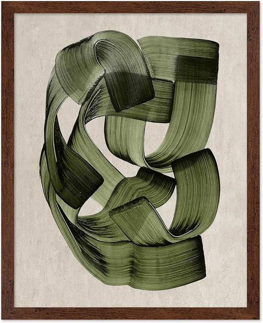 Poster Master Green Abstraction Poster - Brush Strokes Print - Painted Swirl Art - Chic Boho Design - Abstract Illustration - Great Office or Living Room Decor - 16x20 Brown Framed