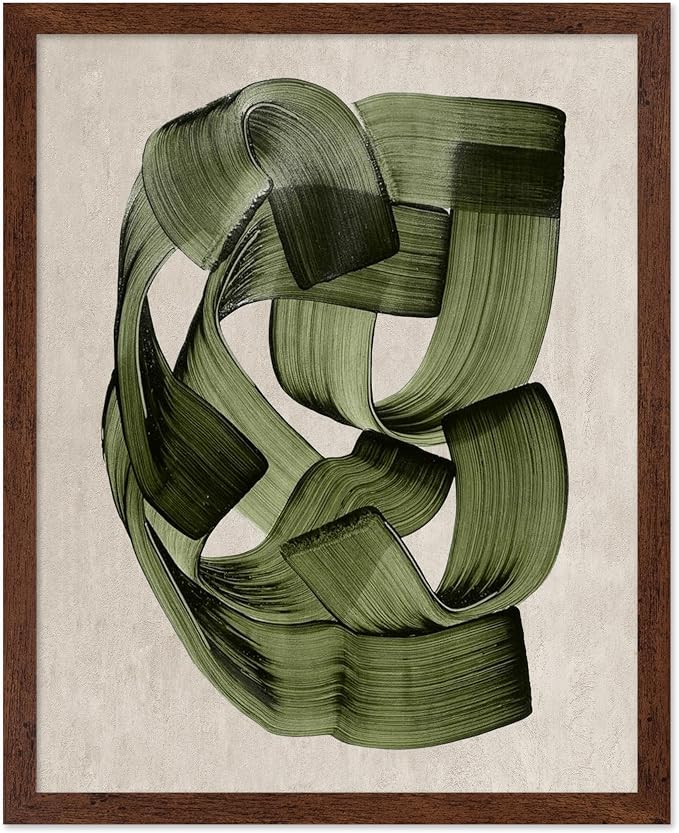 Poster Master Green Abstraction Poster - Brush Strokes Print - Painted Swirl Art - Chic Boho Design - Abstract Illustration - Great Office or Living Room Decor - 11x14 Brown Framed