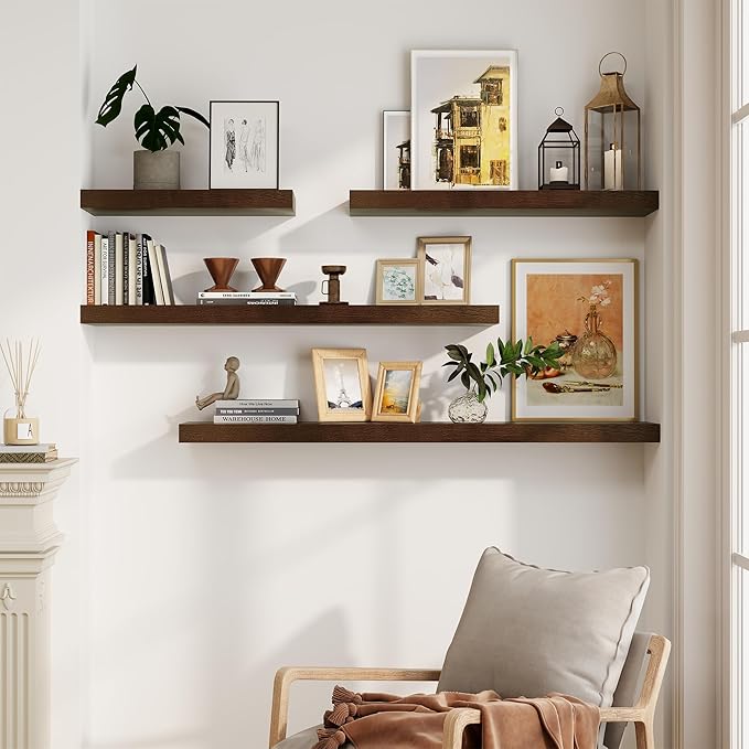 Marsmiles Solid Wood Floating Shelves for Wall, 24”W x 9”D x 1.56”H Large Wall Shelves for Living Room Bedroom Bathroom Kitchen Drcor Storage with Invisible Heavy-Duty Metal Bracket, Walnut, Set of 2
