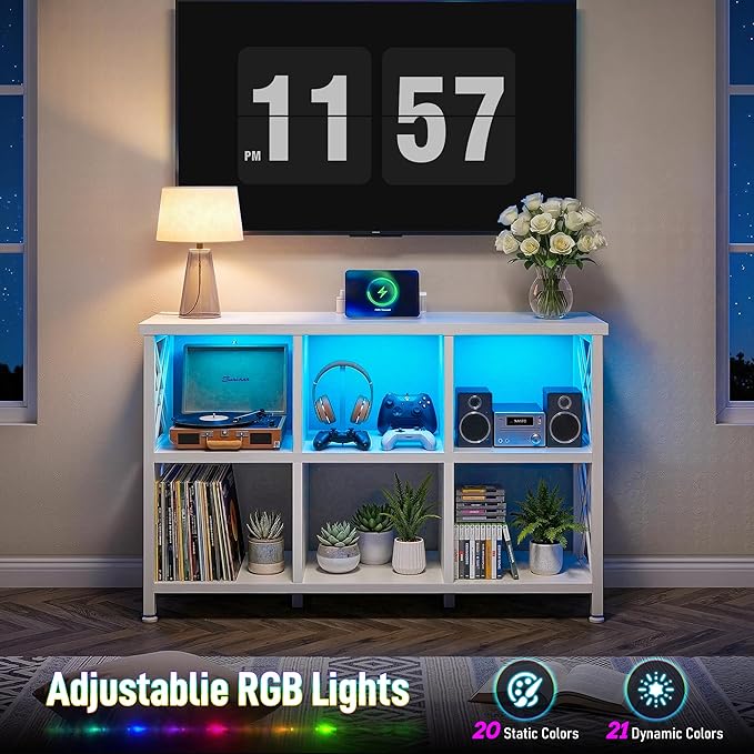 DurayLoly 6 Cube Storage Organizer with LED Light and Charging Station, Wood and Metal Cube Shelf as White Horizontal Book Shelf for Bedroom Home Office