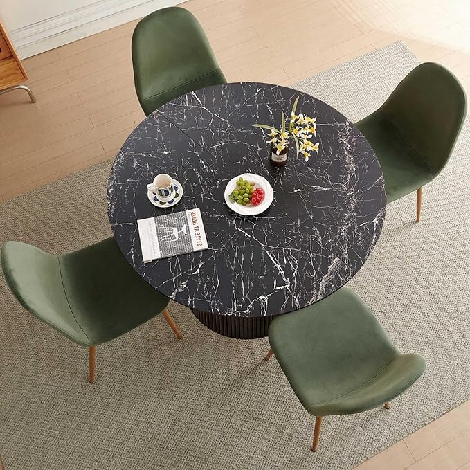 Dining Table Set for 4, Mid Century Modern 47 Inch Black Marble-Look Wooden Round Dining Table Set, Space Saving (Table + 4 Green Chairs)
