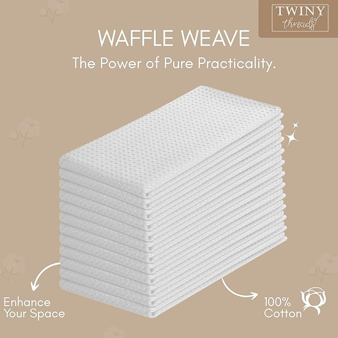 TWINY threads Kitchen Towel Waffle Weave, 4 Pack, 16x26 Inches, Premium Cotton Dish Rags, Absorbent Quick Drying Linen for Home and Restaurant Kitchens, Reusable Wash Cloths for Drying Dishes, White