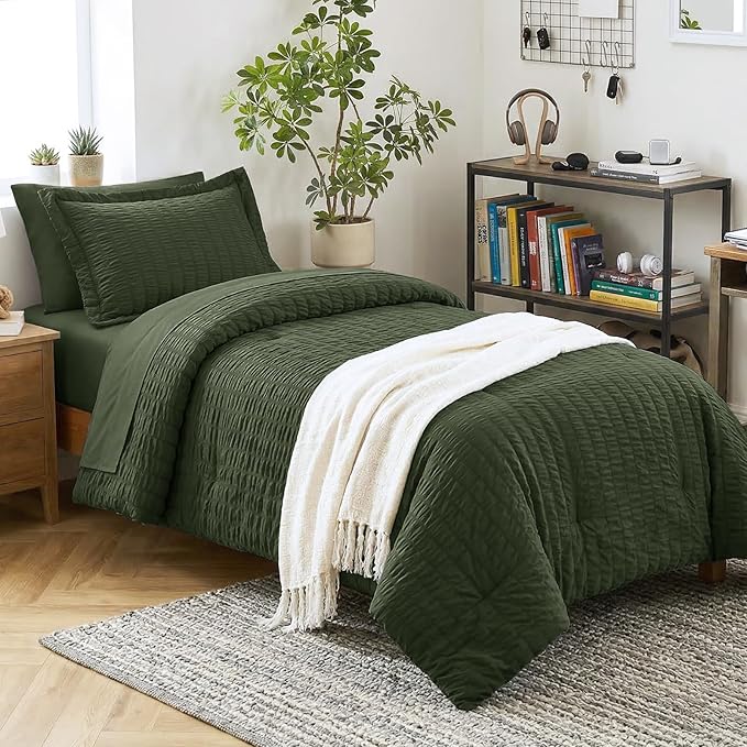 CozyLux Twin Comforter Set with Sheets 5 Pieces, Olive Green Seersucker Luxury Textured Bed in a Bag, All Season Soft Bedding Sets with Down Alternative Comforter, Sheets, Pillowcase & Sham, Home Gift