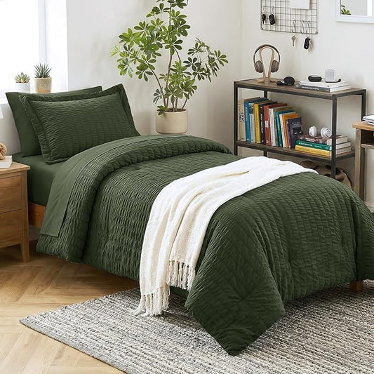 CozyLux Twin Comforter Set with Sheets 5 Pieces, Olive Green Seersucker Luxury Textured Bed in a Bag, All Season Soft Bedding Sets with Down Alternative Comforter, Sheets, Pillowcase & Sham, Home Gift
